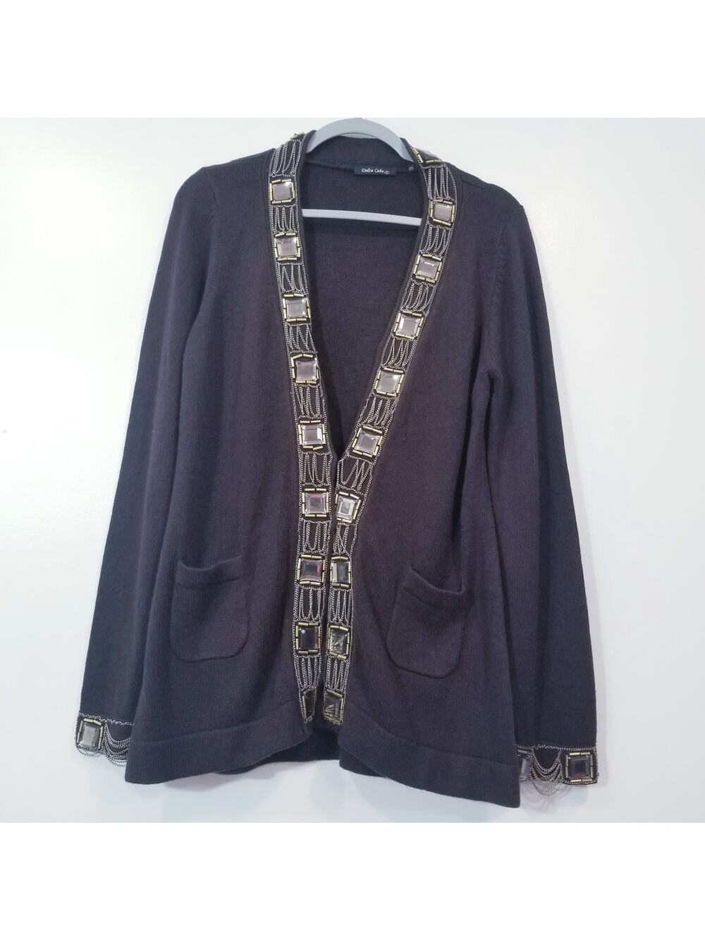 Dolce Cabo Knit Wool Cashmere Blend Chains Jeweled Cardigan